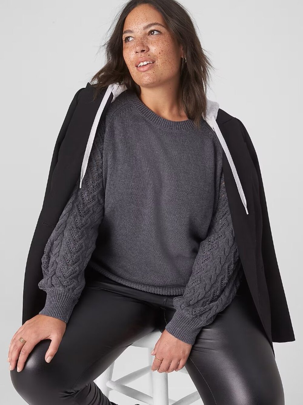 Lane Bryant 22/24 Heather Charcoal Pointelle Cable Sleeve Sweater